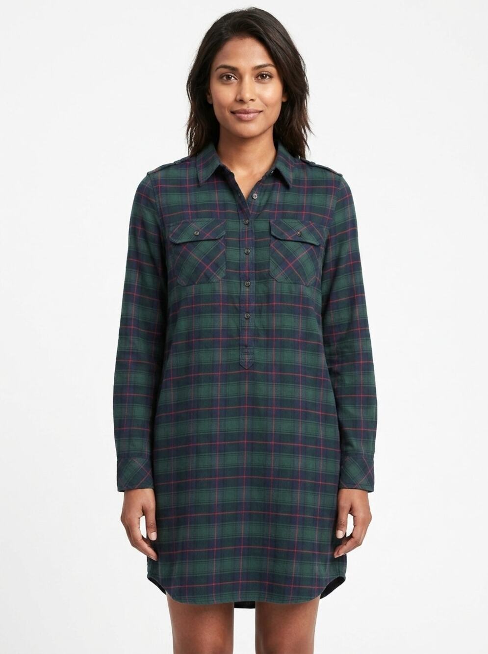 Gap Green Plaid Flannel Long Sleeve Button Pocket Shirt Dress Women Size S